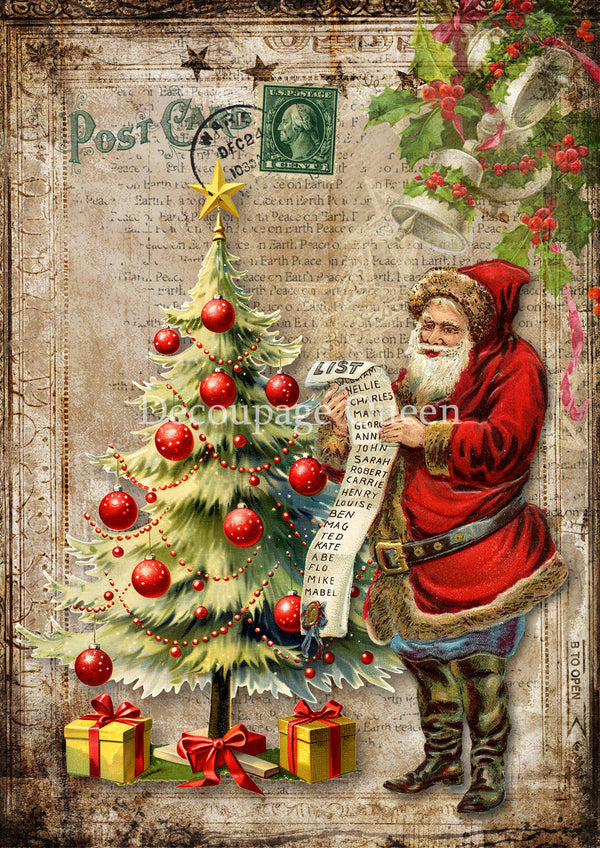 Decoupage Queen SANTA'S LIST Christmas A4 Decoupage Rice Paper DQRP0694