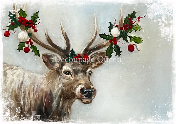 Decoupage Queen SNOWY ELK Teresa Rene Art Christmas A4 Decoupage Rice Paper DQRP0701