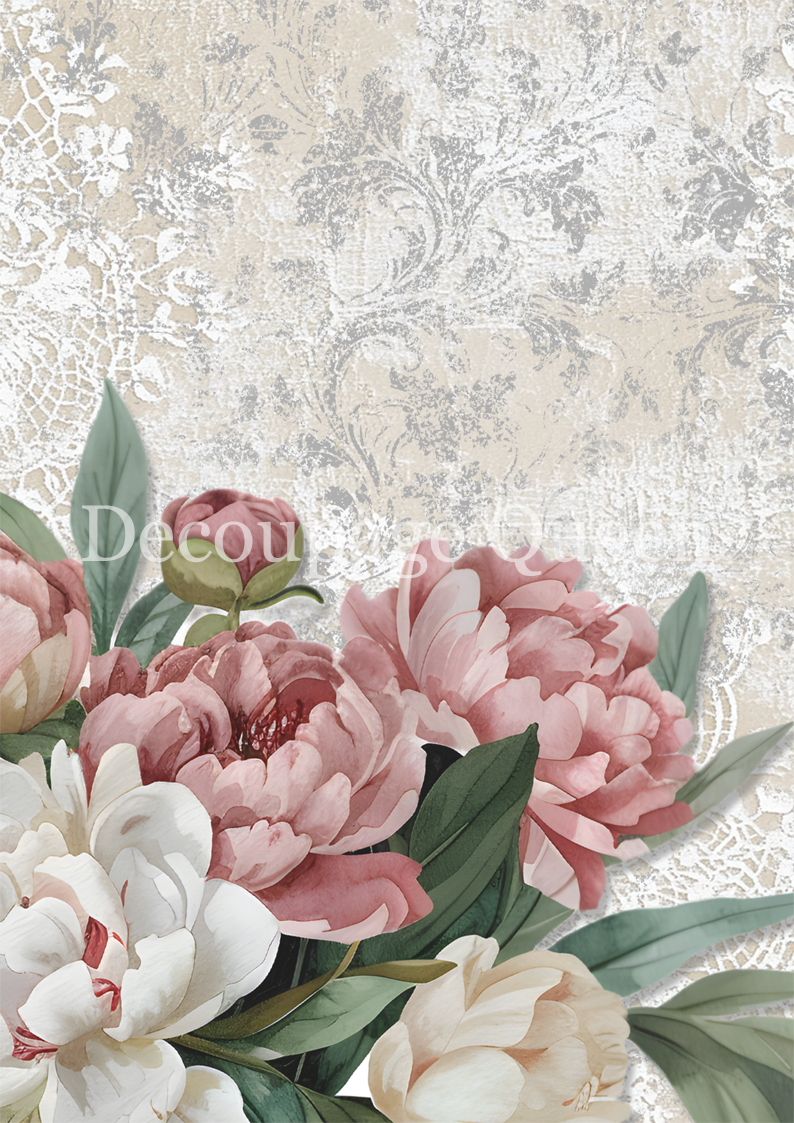 Decoupage Queen PEONIES and LACE Dainty and the Queen A4 Decoupage Rice Paper DQRP0706