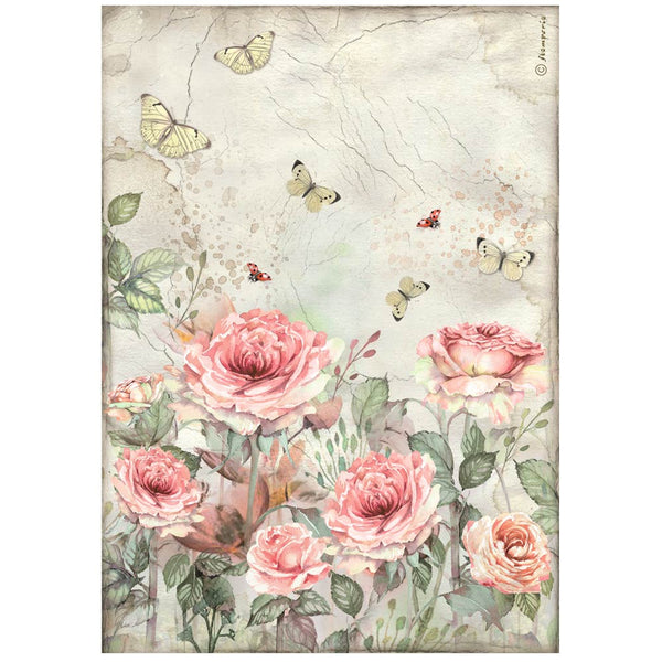 PRE-ORDER STAMPERIA HOUSE OF ROSES - ROSES and BUTTERFLY Decoupage Rice Paper A4 #DFSA41019