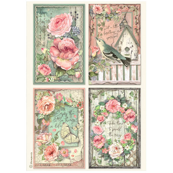 PRE-ORDER STAMPERIA HOUSE OF ROSES - 4 CARDS Decoupage Rice Paper A4 #DFSA41020