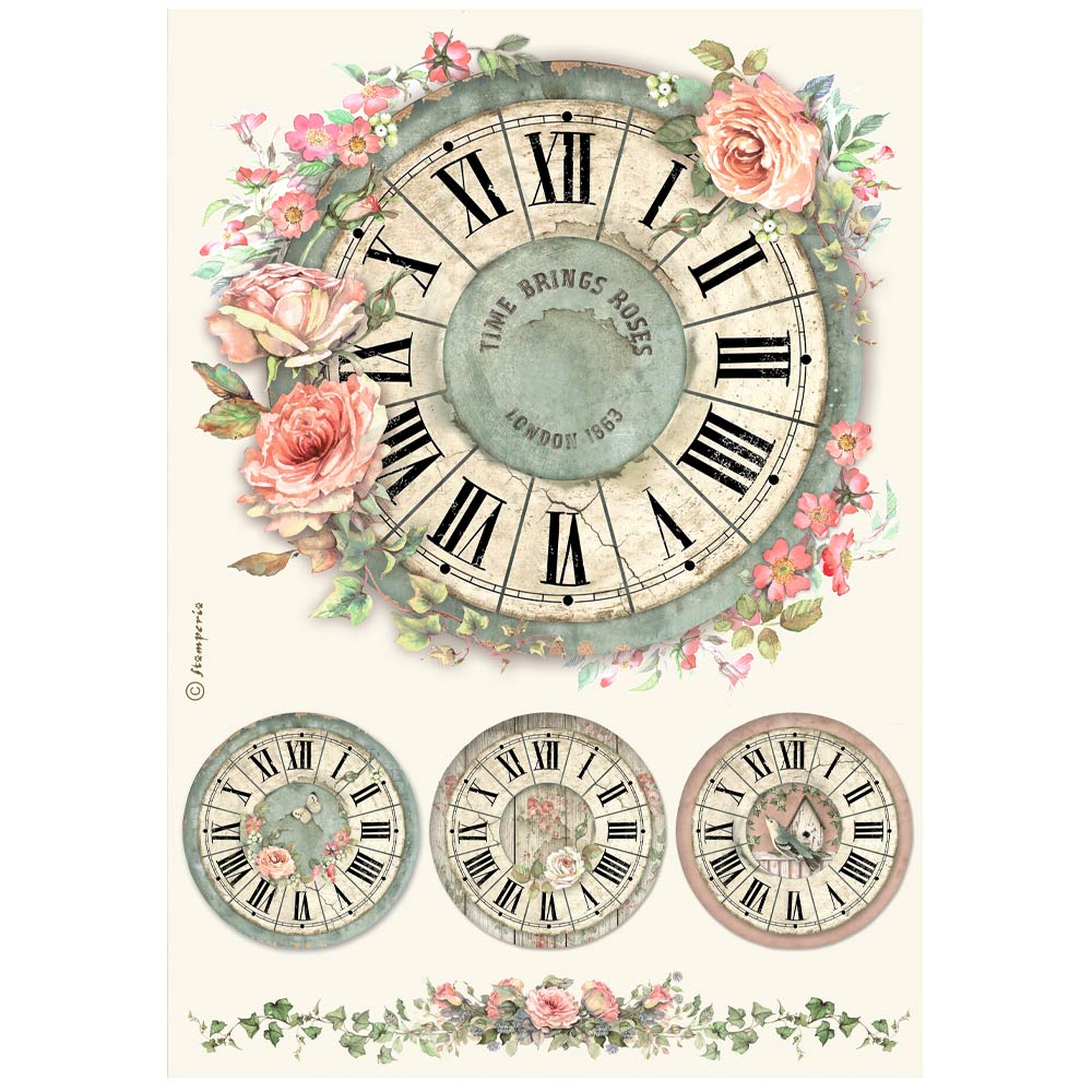 PRE-ORDER STAMPERIA HOUSE OF ROSES - CLOCK Decoupage Rice Paper A4 #DFSA41021