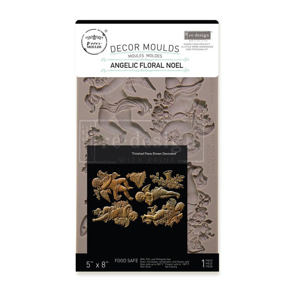 Decor moulds packaging with angelic floral design on a white background