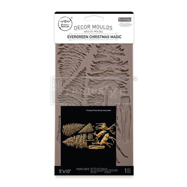 Decor moulds packaging with evergreen Christmas design on a white background