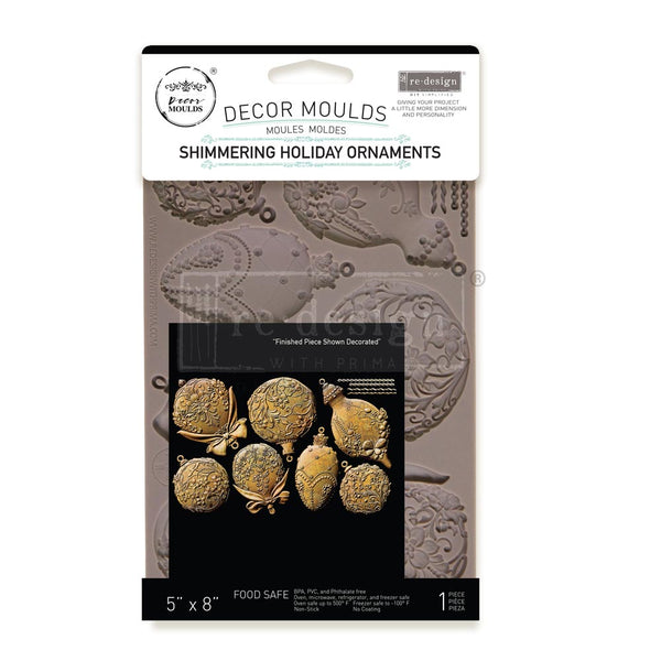 Decor Moulds packaging for Shimmering Holiday Ornaments with gold designs on a white background.