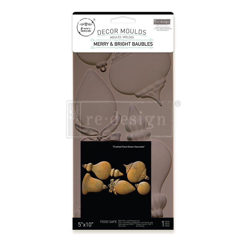Decor moulds packaging with 'Merry & Bright Baubles' text on a white background
