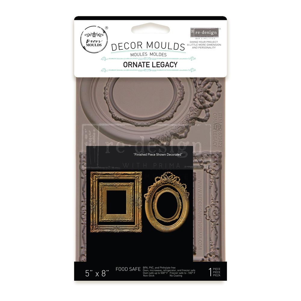 Decor moulage packaging with decorative frames and text on a white background
