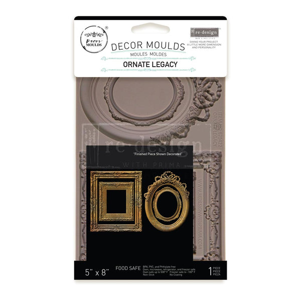 Decor moulage packaging with decorative frames and text on a white background
