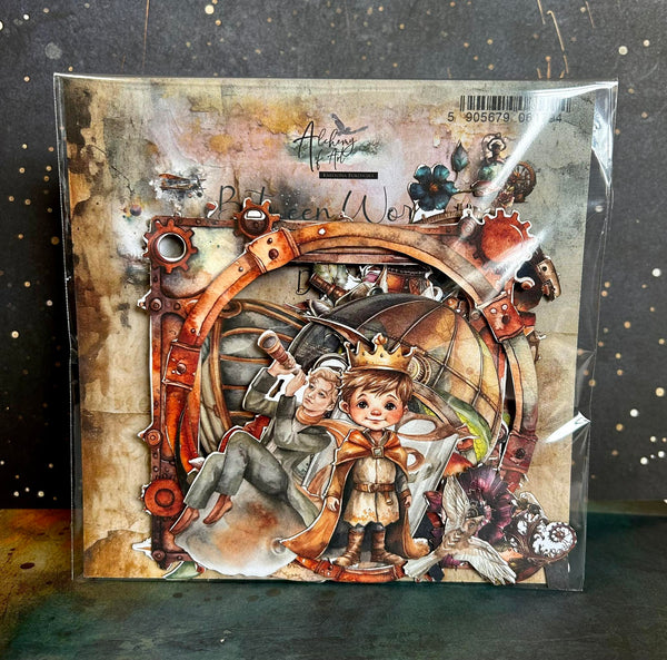 Decorative die cuts with fairy tale characters and intricate design, featuring a brand logo.