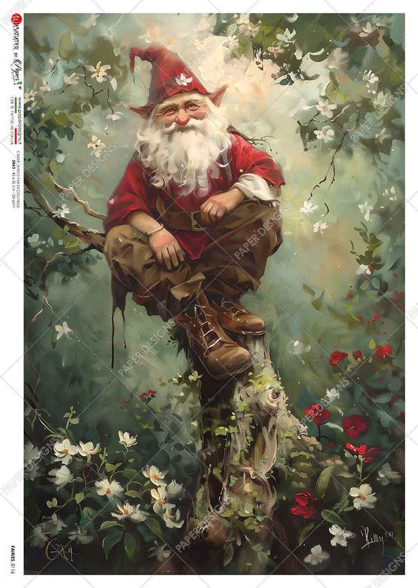 Paper Designs PERCHING SANTA GNOME Christmas A4 Decoupage Rice Paper #FAIRIES_0116