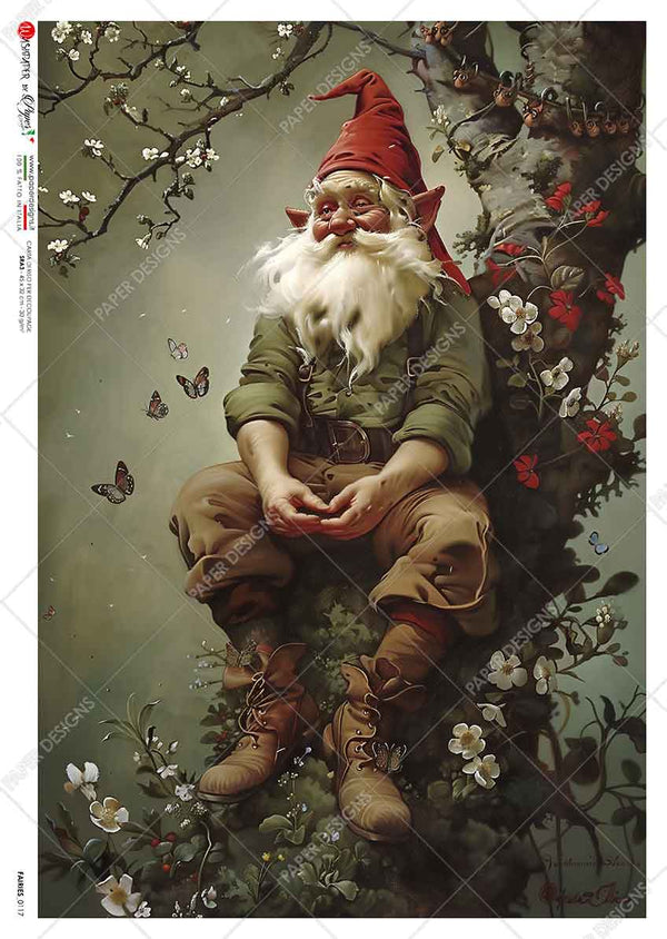 Paper Designs PONDERING CHRISTMAS GNOME Christmas A4 Decoupage Rice Paper #FAIRIES_0117