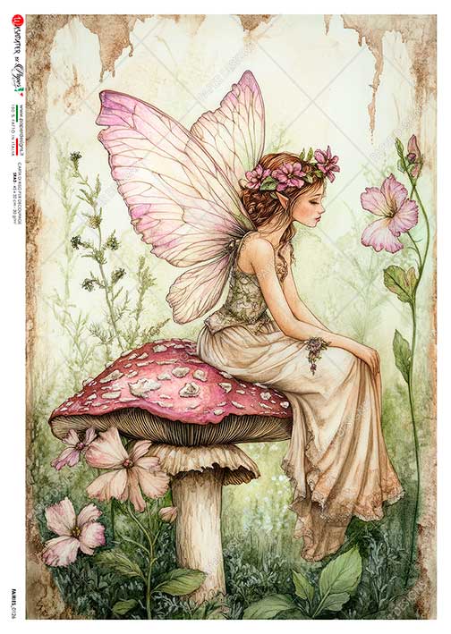 Paper Designs MUSHROOM FAIRY with FLOWERS A4 Decoupage Rice Paper #FAIRIES_0126