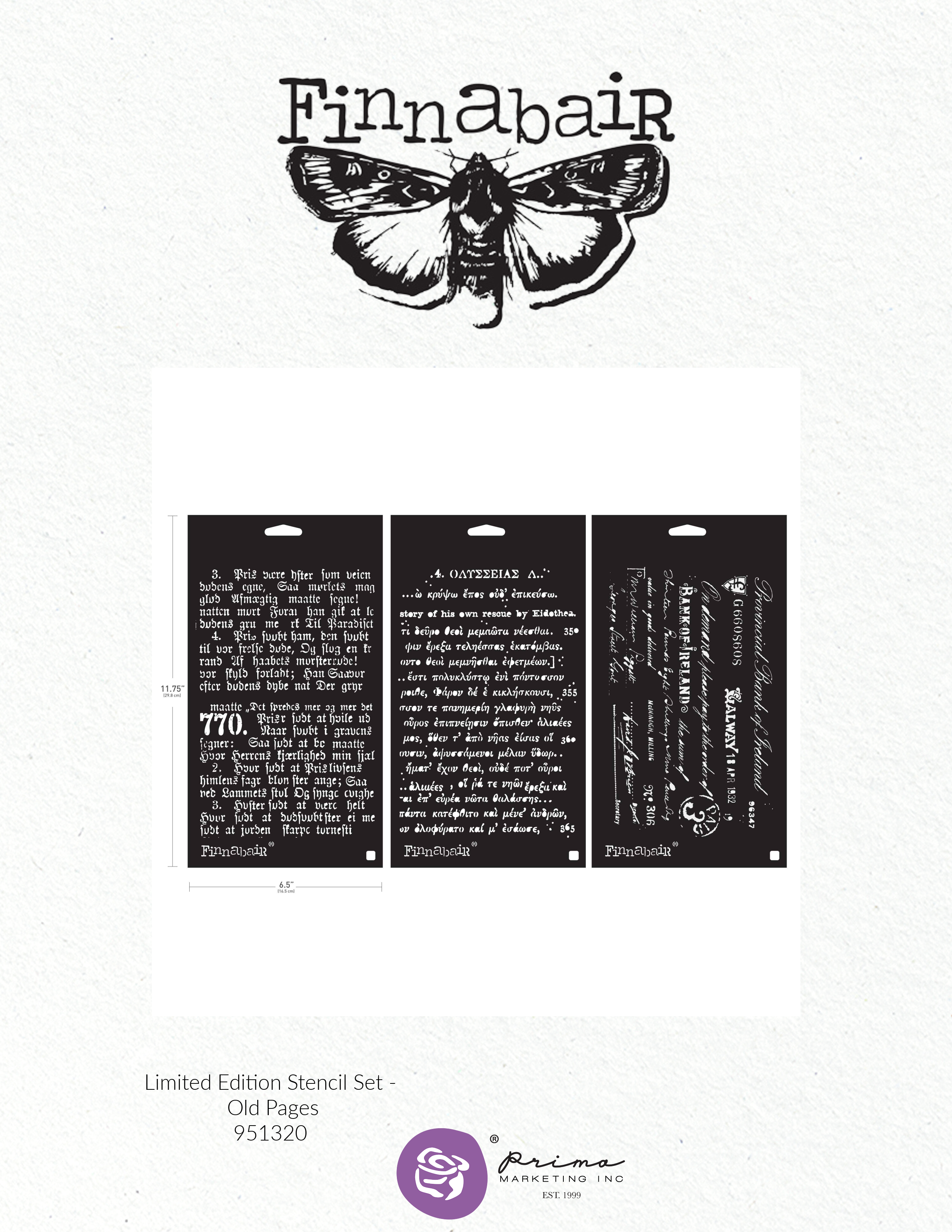 Finnabair stencil set with moth design and text on a white background