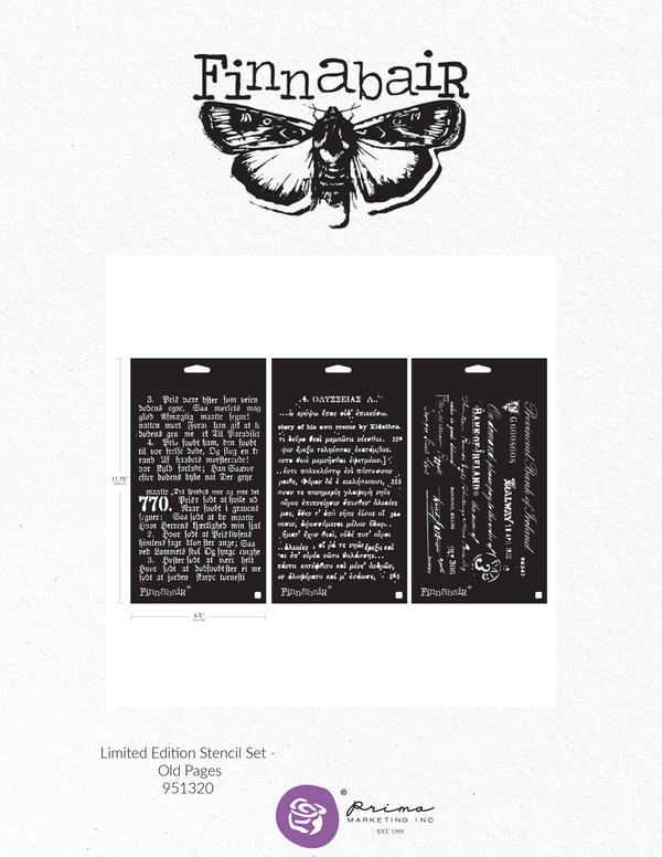 Finnabair stencil set with moth design and text on a white background