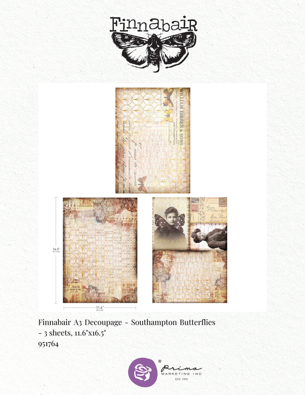 Finnabair Prima SOUTHAMPTON BUTTERFLIES A3 Decoupage Rice Paper 11.7" x 16.5" 3 SHEETS #951764