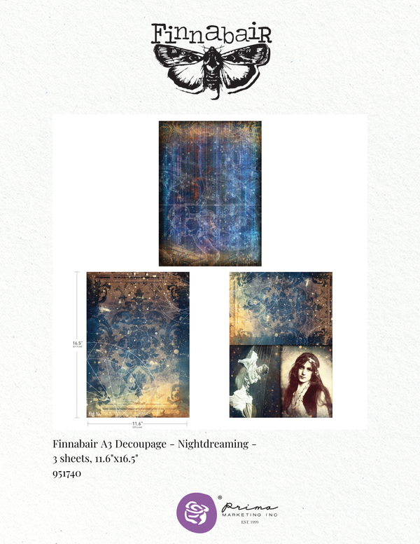 Finnabair Prima NIGHTDREAMING A3 Decoupage Rice Paper 11.7" x 16.5" 3 SHEETS #951740