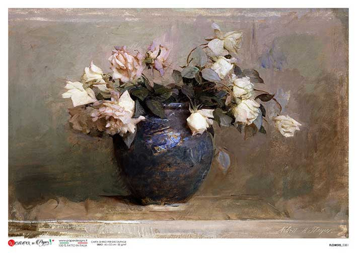 A still life painting of a dark blue vase filled with pale cream and blush flowers, rendered in soft brushstrokes on a muted brown and gray background.