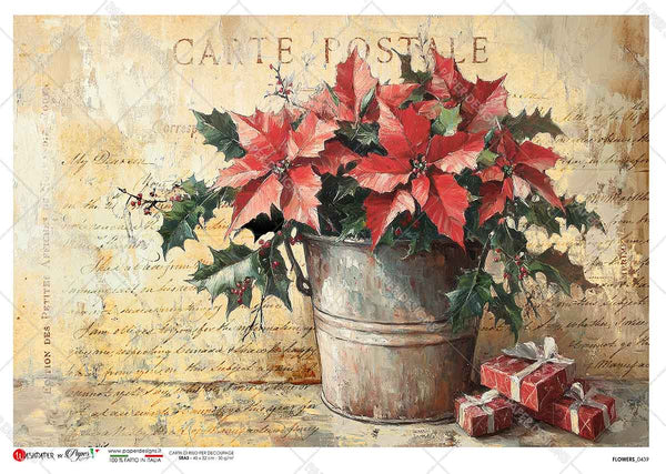 Paper Designs POINSETTIAS in a METAL VASE A4 Decoupage Rice Paper #FLOWERS_0439