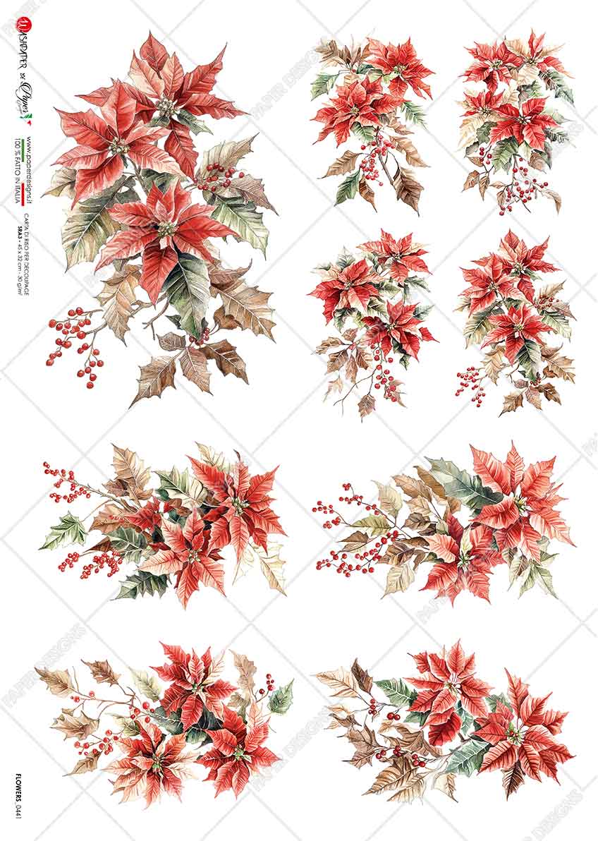 Paper Designs POINSETTIA SNIPPETS Christmas A4 Decoupage Rice Paper #FLOWERS_0441