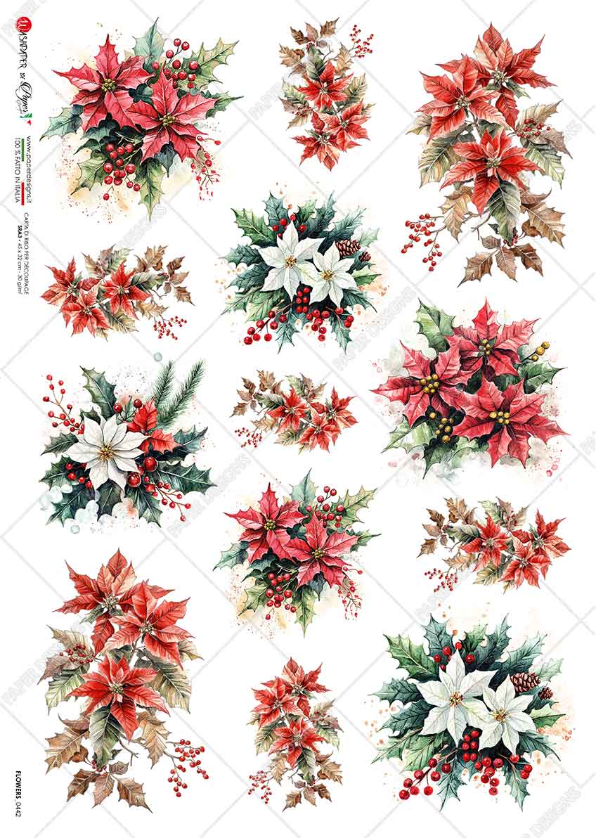 Paper Designs POINSETTIA SNIPPETS II Christmas A4 Decoupage Rice Paper #FLOWERS_0442