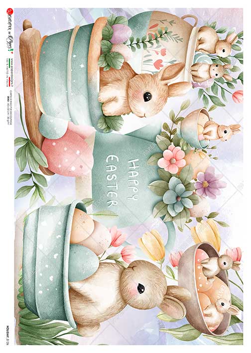 Paper Designs HOLIDAY 0126 EASTER Bunnies in PLANTERS A4 Decoupage Rice Paper