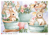 Easter-themed illustration with bunnies, eggs, and flowers on a light blue background.