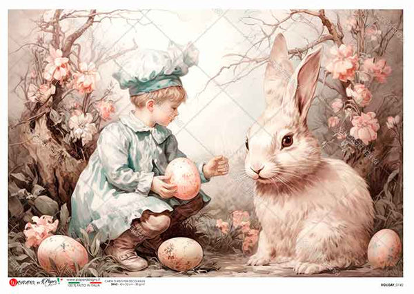 Paper Designs VINTAGE RABBIT with CHILD A4 Decoupage Rice Paper #HOLIDAY_0142