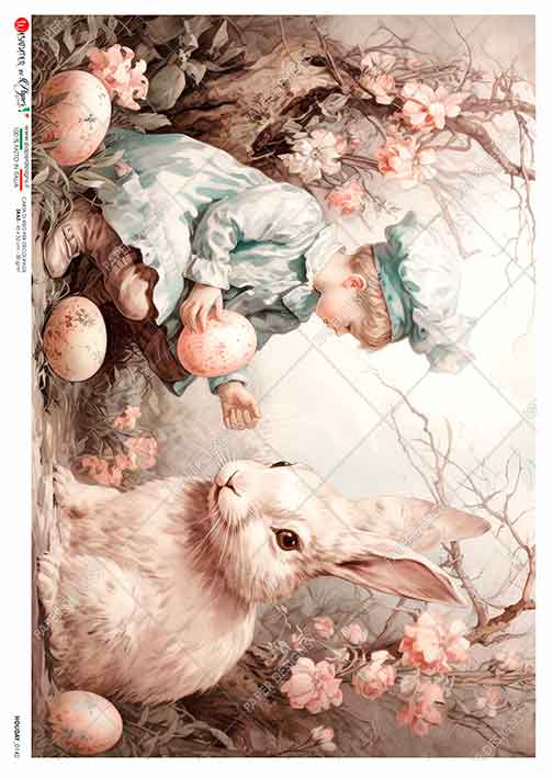 Paper Designs VINTAGE RABBIT with CHILD A4 Decoupage Rice Paper #HOLIDAY_0142