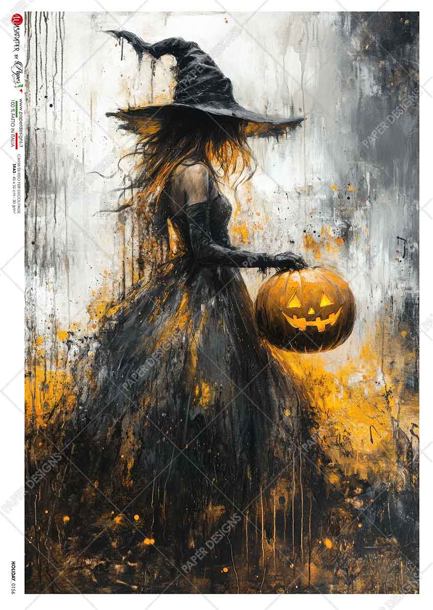 Paper Designs SPOOKY WITCH WITH JACK O'LANTERN Halloween A4 Decoupage Rice Paper #HOLIDAY_0156