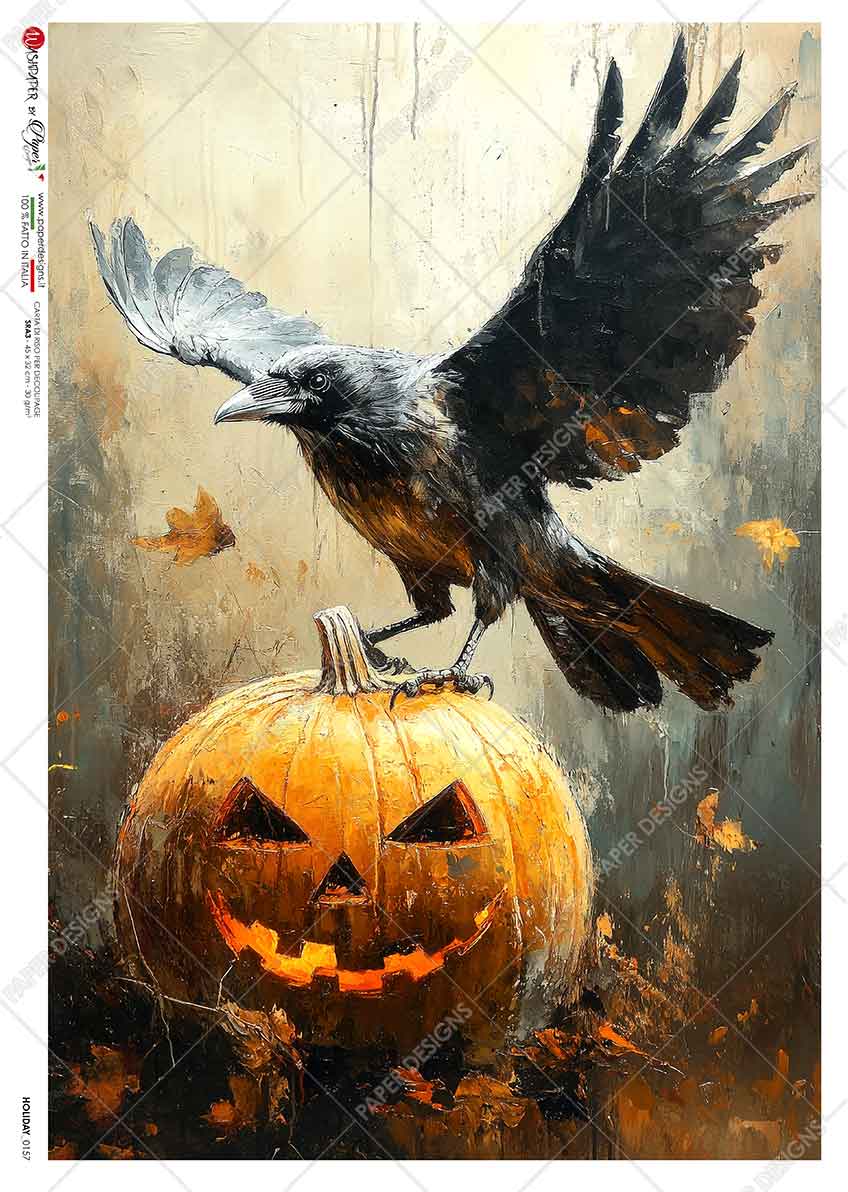 Paper Designs RAVEN AND JACK O'LANTERN Halloween A4 Decoupage Rice Paper #HOLIDAY_0157