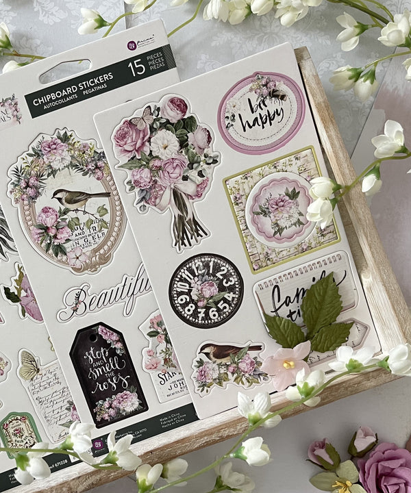 Prima SERENE PETALS Collection Garden Whispers CHIPBOARD Stickers 15 pcs #671235