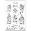 Set of black and white nativity scene stamps on a white background