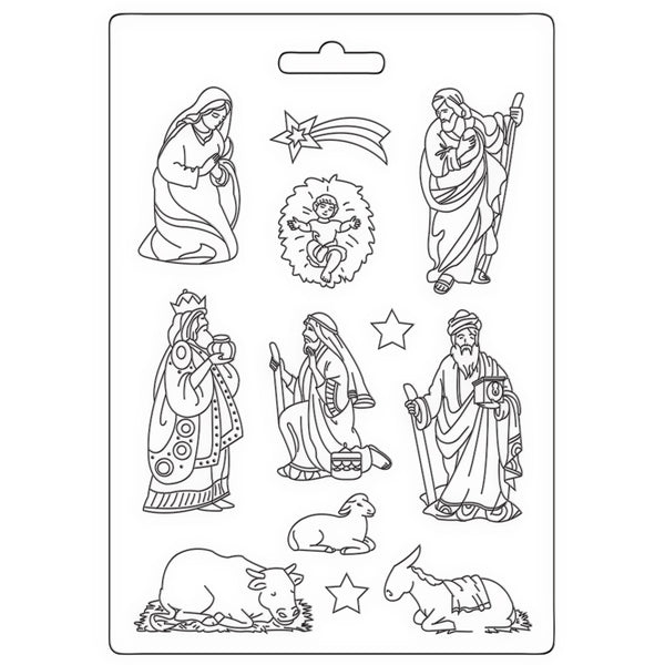 Set of black and white nativity scene stamps on a white background