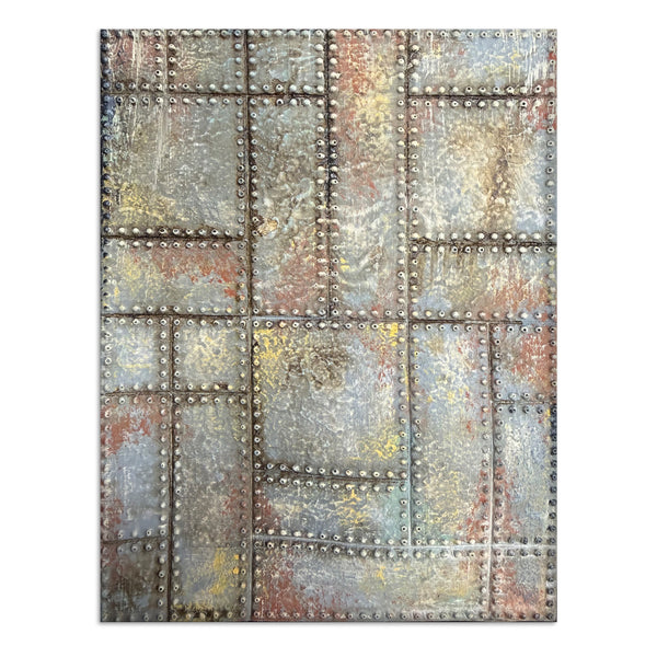 Decorative wall panel with metal rivets and a textured pattern on a white background