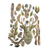 Decorative elements including deer heads, antlers, leaves, and branches on a white background