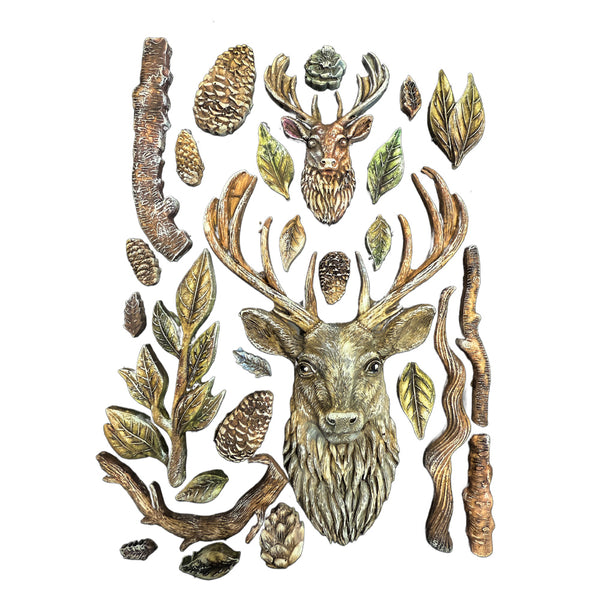 Decorative elements including deer heads, antlers, leaves, and branches on a white background