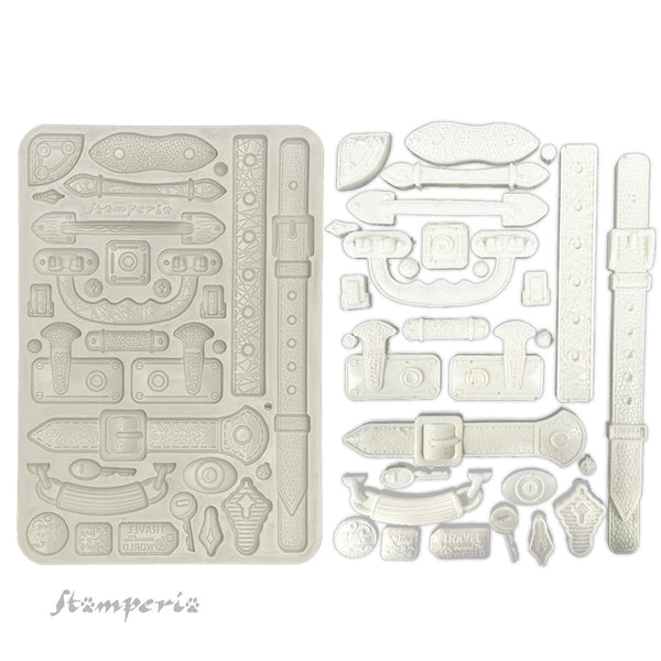 Stamperia ART OF TRAVELLING - BELTS AND HANDLES A5 Silicone Mixed Media Moulds Resin #KACMA548