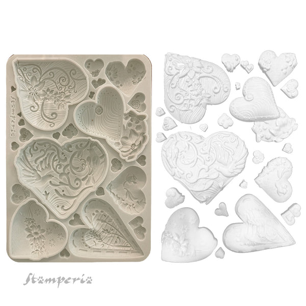 Silicone mold with heart shapes and floral details, featuring the brand 'Stamperia'.