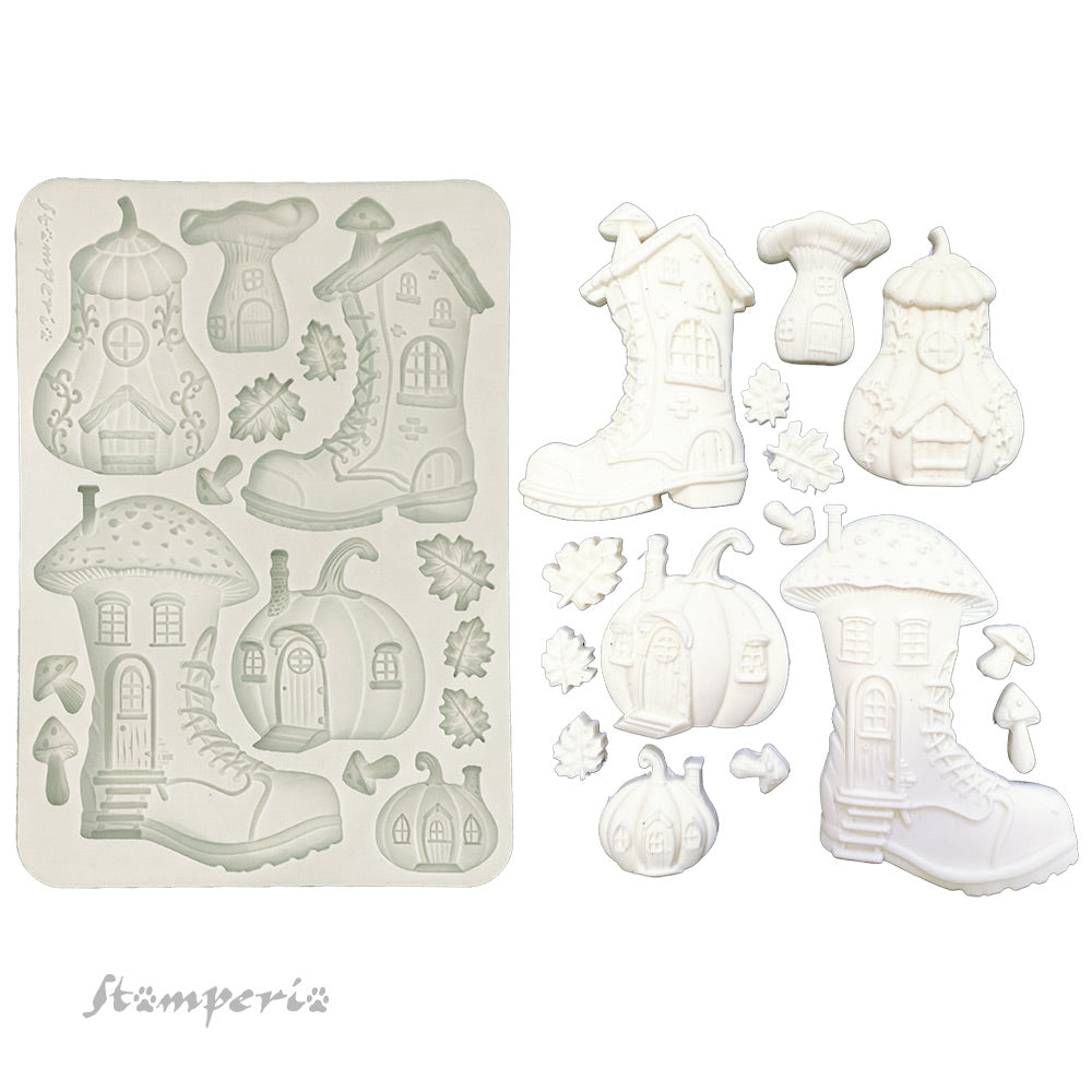 Stamperia WHISPERING WOODS - BOOTS and PUMPKIN HOUSE A5 Silicone Mixed Media Moulds Resin #KACMA586