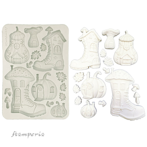 Stamperia WHISPERING WOODS - BOOTS and PUMPKIN HOUSE A5 Silicone Mixed Media Moulds Resin #KACMA586