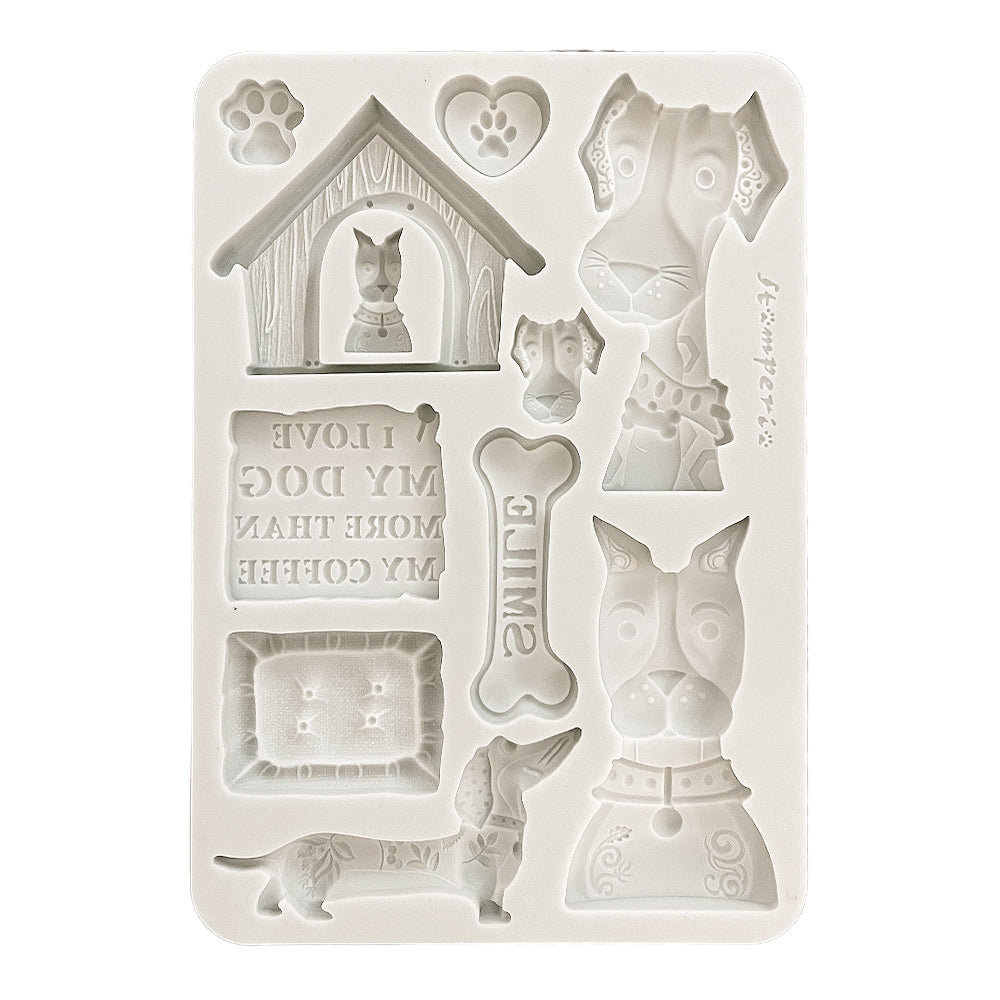 Set of dog-themed silicone molds on a white background