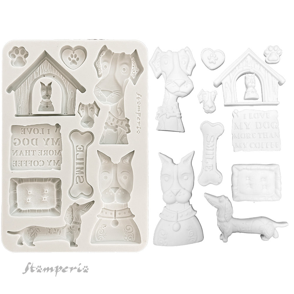 Silicone mold with dog-themed shapes and stamperia branding on a white background