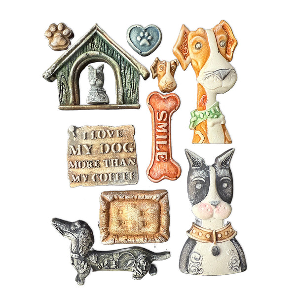 Collection of dog-themed decorative items including a doghouse, dog figurine, and 'I love my dog' sign on a white background.