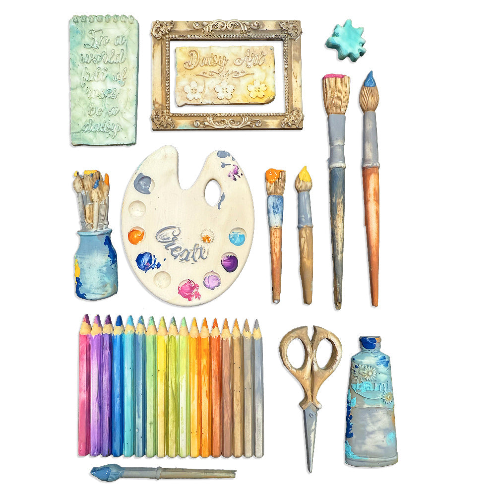 Collection of art supplies including colored pencils, paintbrushes, and a palette on a white background.
