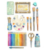 Collection of art supplies including colored pencils, paintbrushes, and a palette on a white background.