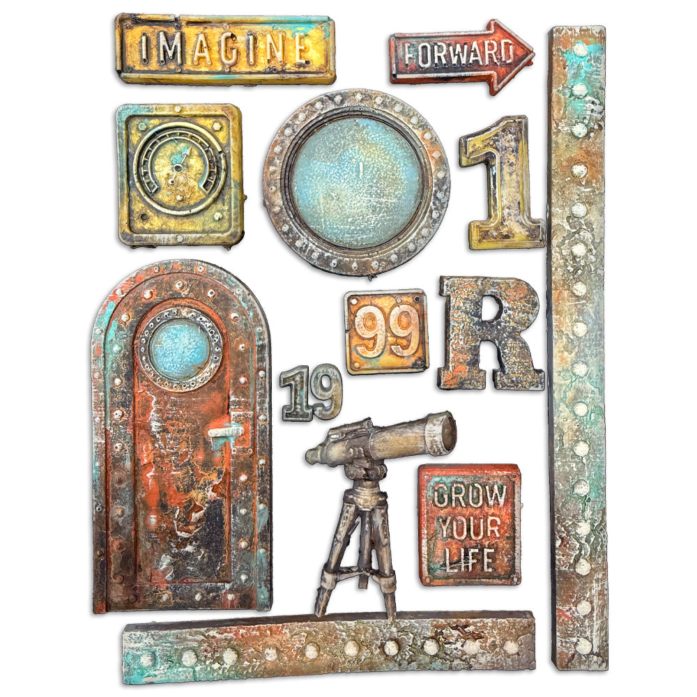 Decorative CASTINGS with text and symbols on a white background
