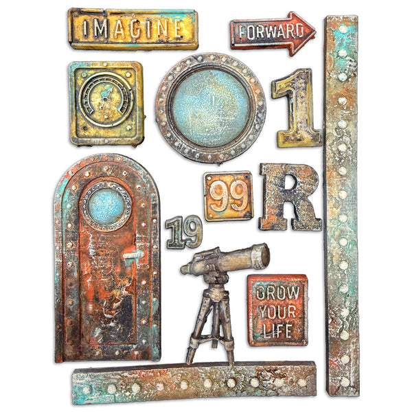 Decorative CASTINGS with text and symbols on a white background