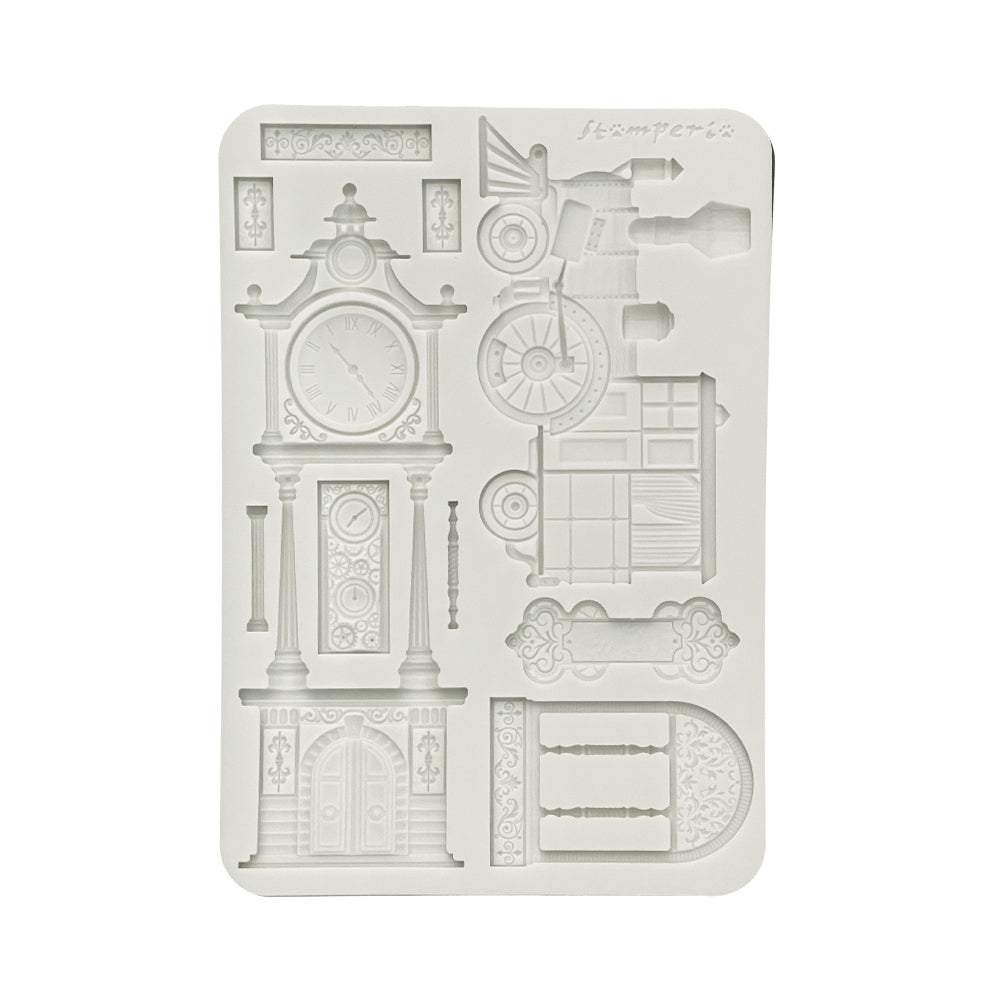 Stamperia GARDENS OF TIME - TRAIN and LONGCASE CLOCK A5 Silicone Mixed Media Moulds Resin #KACMA609