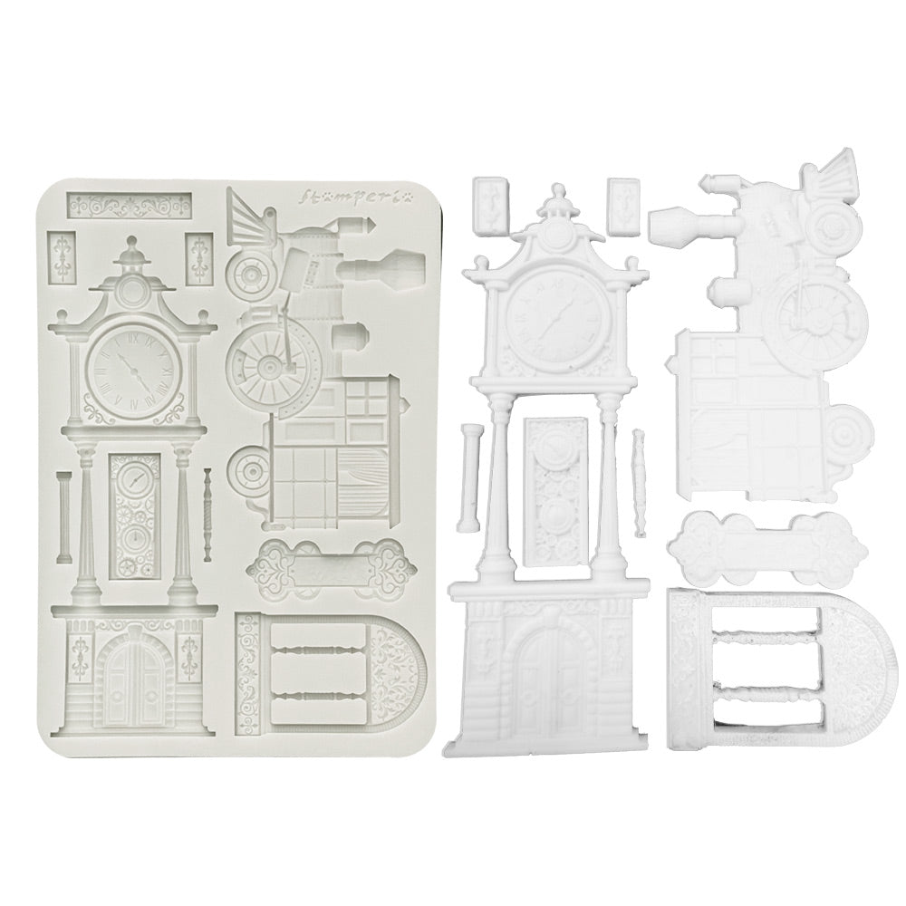 Stamperia GARDENS OF TIME - TRAIN and LONGCASE CLOCK A5 Silicone Mixed Media Moulds Resin #KACMA609