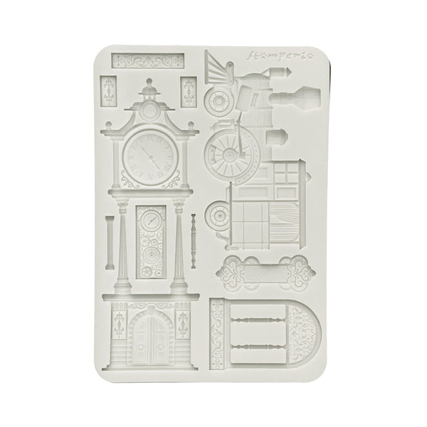 Stamperia GARDENS OF TIME - TRAIN and LONGCASE CLOCK A5 Silicone Mixed Media Moulds Resin #KACMA609
